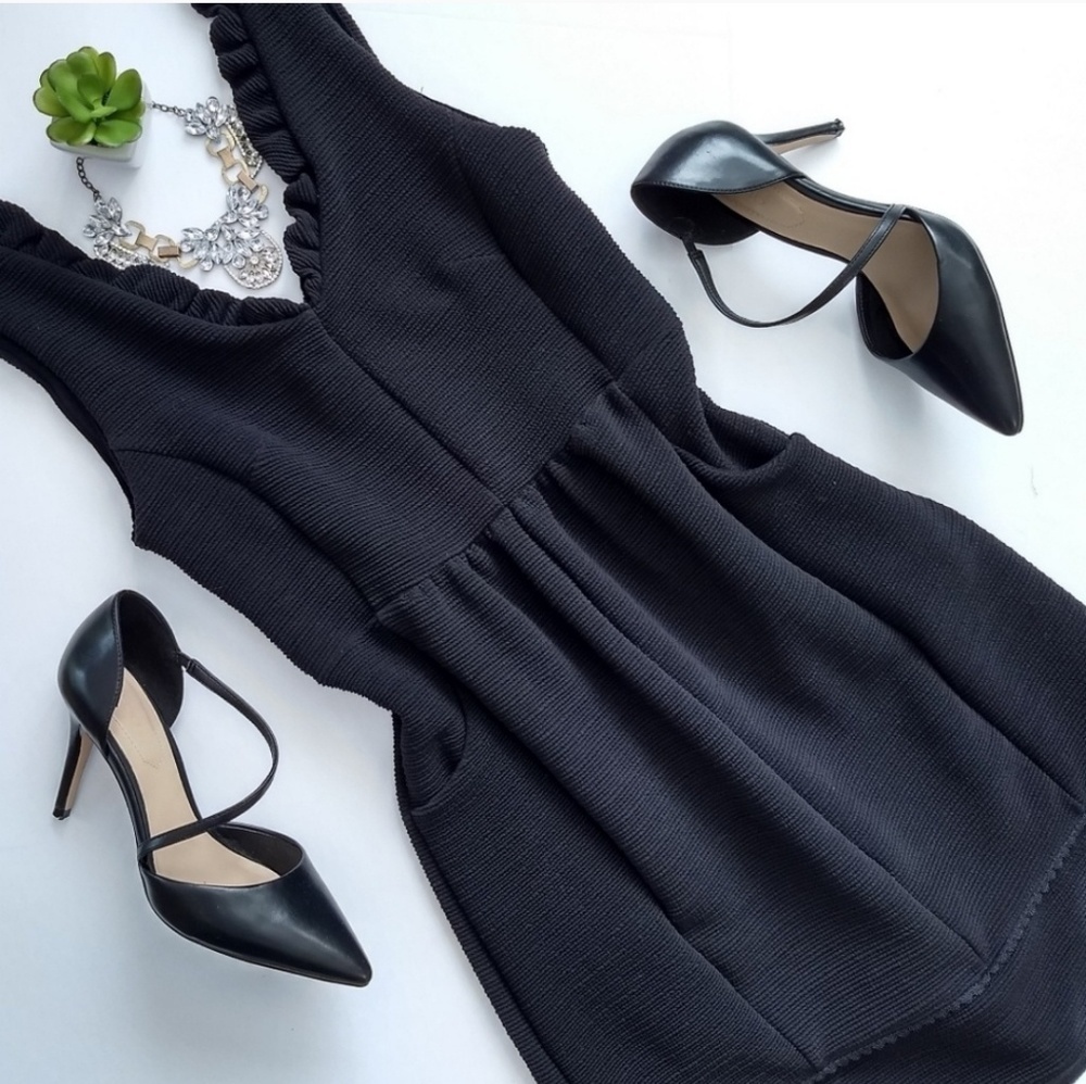 Anthropologie Black Ruffle V-Neck Mini Dress - Picture 2 of 8
